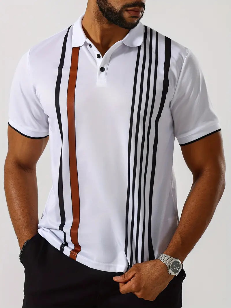 Men’s Polo Shirt - Slim Fit - Short Sleeve - Vertical Stripe Pattern - Classic Collar