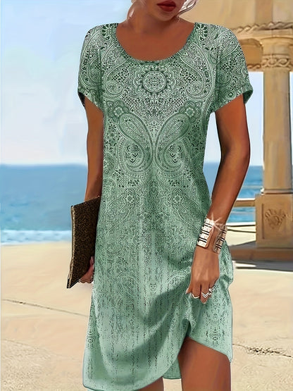 Women’s Mini Dress – Relaxed Fit – Breathable Blend – Short Sleeve – Round Neckline