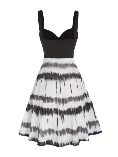 Tie-Dye V-Neck Dress with Faux Buttons for Women