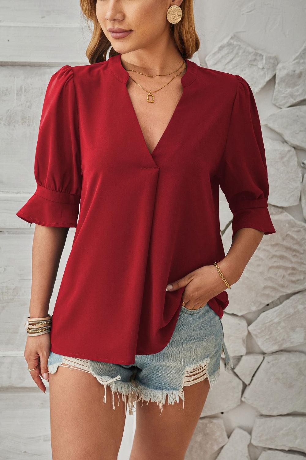 Women's Notched Neck Half Sleeve Blouse - Lightweight Casual Top