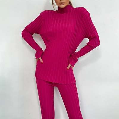 Women's Knitwear Set - Ribbed Turtleneck Top & Trousers - Slim Fit - Soft & Stretchy