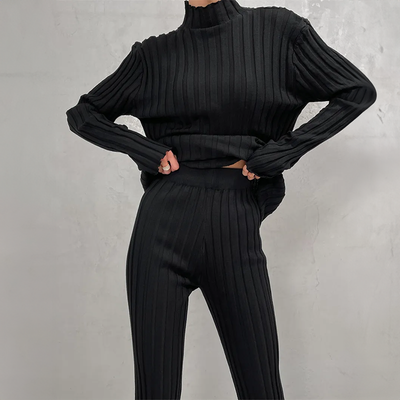 Women's Knitwear Set - Ribbed Turtleneck Top & Trousers - Slim Fit - Soft & Stretchy
