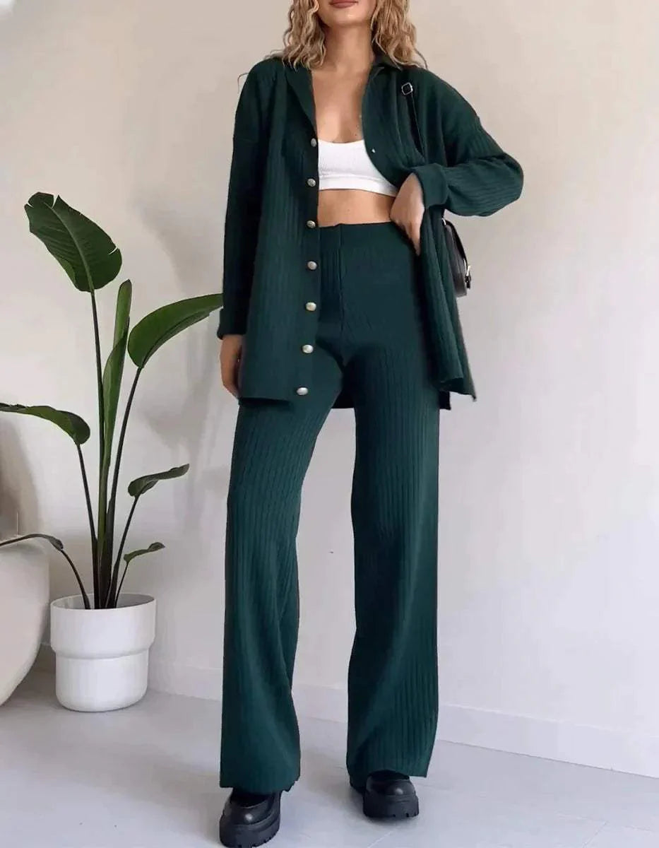 Women's Knit Two-Piece Set - Button-Up Cardigan & High-Waisted Wide-Leg Pants - Relaxed Fit