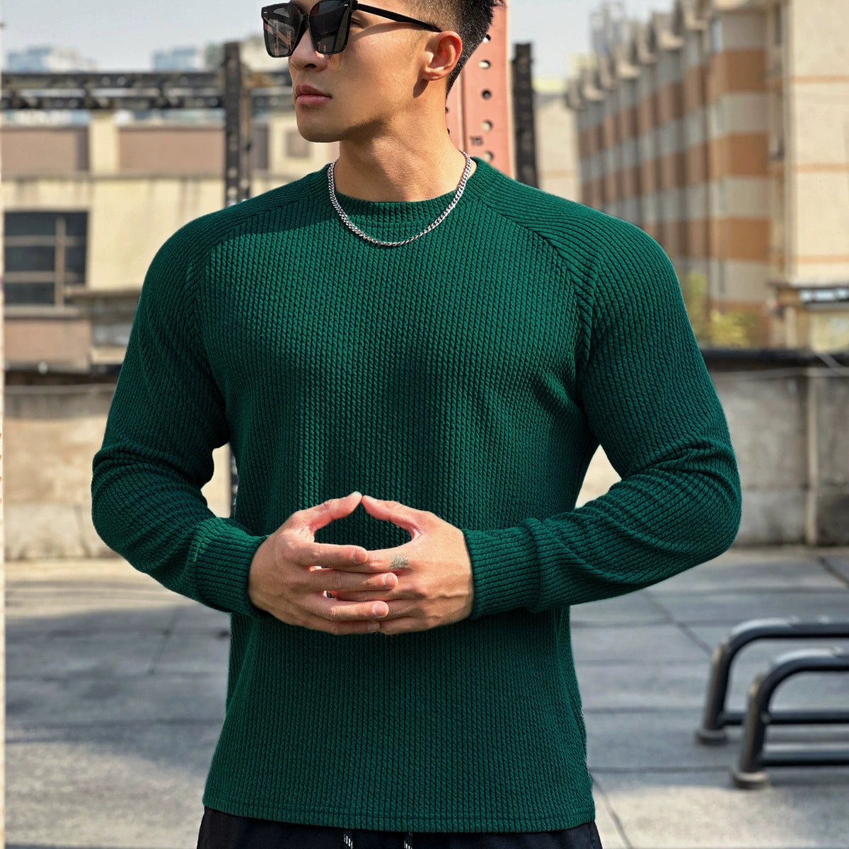 Ribbed knit crewneck sweater for men