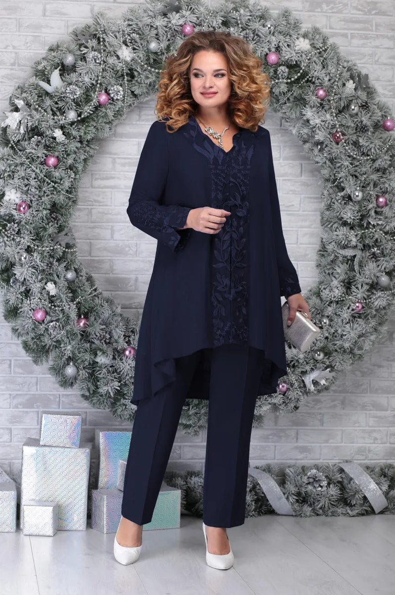 Women’s Three-Piece Suit Set – Relaxed Fit – Sheer Long Sleeve – Asymmetrical Hem – Breathable Blend