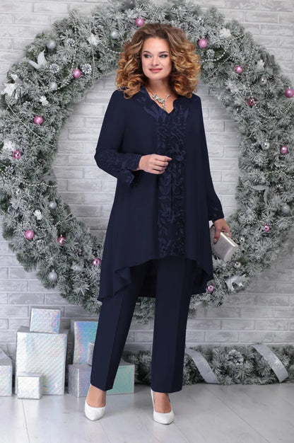 Women’s Three-Piece Suit Set – Relaxed Fit – Sheer Long Sleeve – Asymmetrical Hem – Breathable Blend