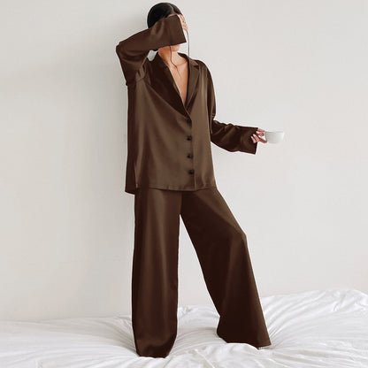 Women's Lounge Set - Button-Up Shirt & Wide-Leg Pants - Soft Notched Collar - Relaxed Fit