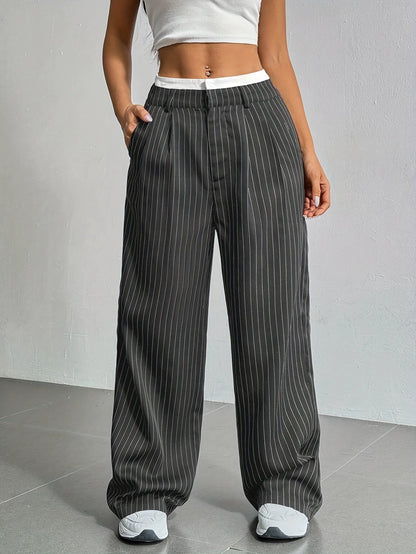 Women's Wide-Leg Trousers - High Waist - Tailored Fit - Pinstripe Classic Style