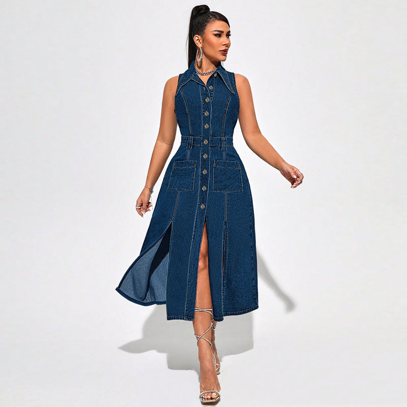 Women's Denim Midi Dress - Button-up Front  - Sleeveless