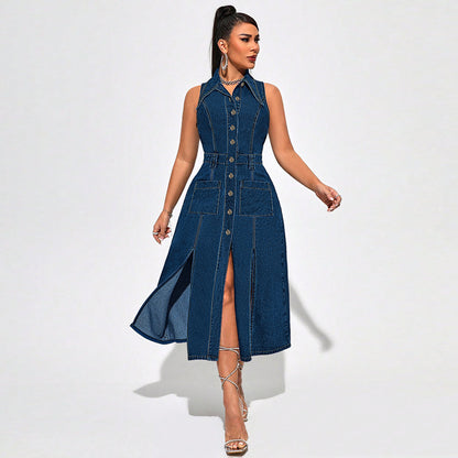 Women's Denim Midi Dress - Button-up Front  - Sleeveless