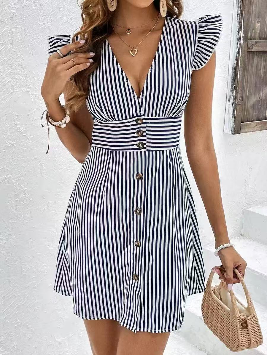 Women's Striped Dress - Ruffled Sleeve - Button Front - V-Neck