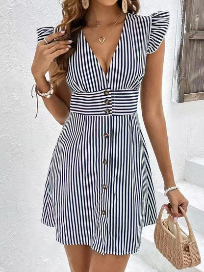 Women's Striped Dress - Ruffled Sleeve - Button Front - V-Neck