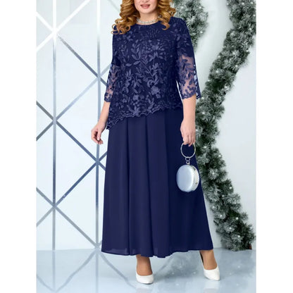 Women’s Formal Maxi Dress – Floral Lace Bodice – Flowing Fit – 3/4 Sleeves