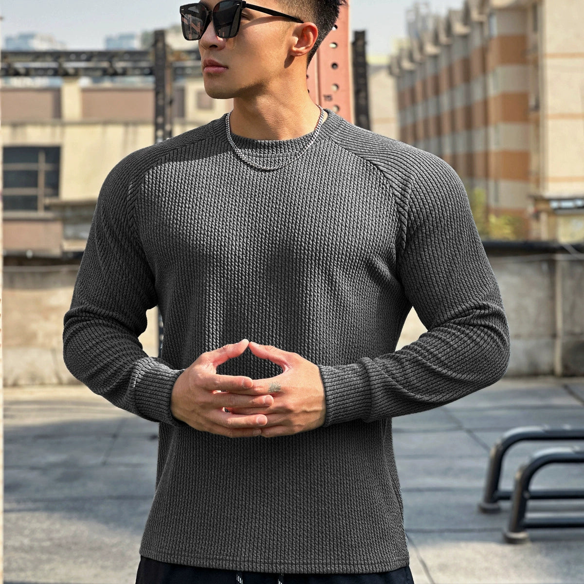 Ribbed knit crewneck sweater for men