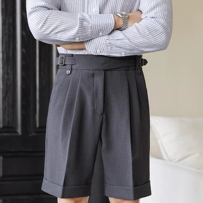 Men’s Tailored Shorts – Pleated Front – Cuffed Hem – Knee Length