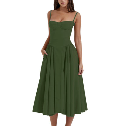 Women’s Elegant Bustier Midi Dress – Chic Spaghetti Strap A-Line Dress