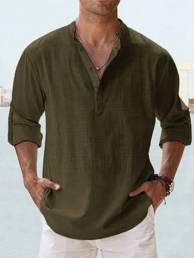 Men’s Henley Shirt - Breathable Cotton Linen - Relaxed Fit - Long Sleeve Band Collar