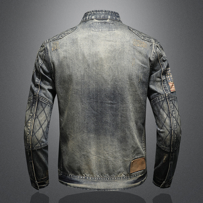 Men’s Denim Jacket - Slim Fit - Stand Collar - Quilted Shoulders - Zipper Pockets