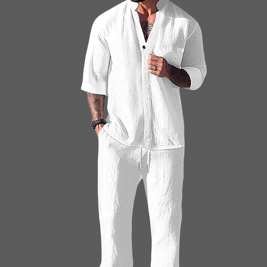 Men’s Loungewear Set – Cotton Linen Blend – V-Neck Long Sleeve Top & Drawstring Trousers