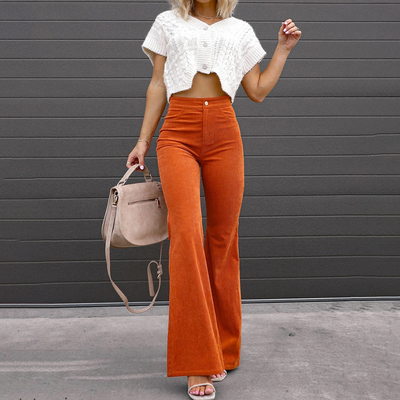 Women's Flared Trousers - High-Waisted - Vintage Bell-Bottom Style - Soft Textured Fabric