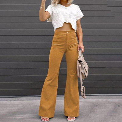 Women's Flared Trousers - High-Waisted - Vintage Bell-Bottom Style - Soft Textured Fabric