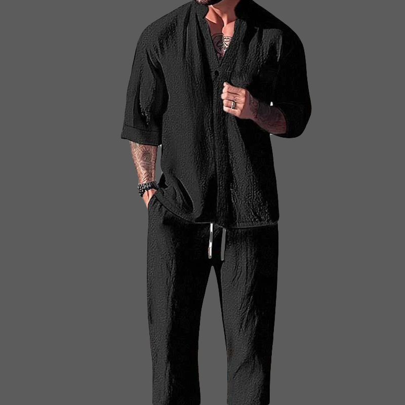 Men’s Loungewear Set – Cotton Linen Blend – V-Neck Long Sleeve Top & Drawstring Trousers