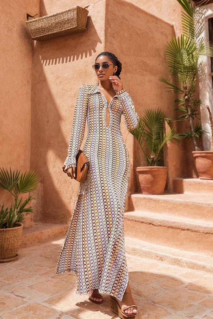 Women’s Maxi Dress – Slim Fit – Geometric Pattern – Keyhole Neck – Long Sleeve