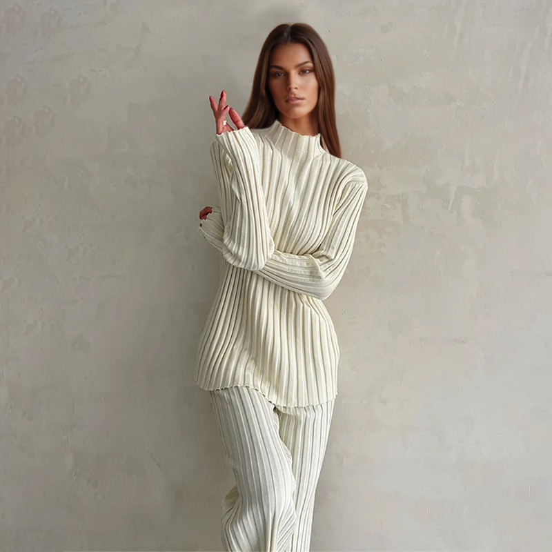 Women's Knitwear Set - Ribbed Turtleneck Top & Trousers - Slim Fit - Soft & Stretchy