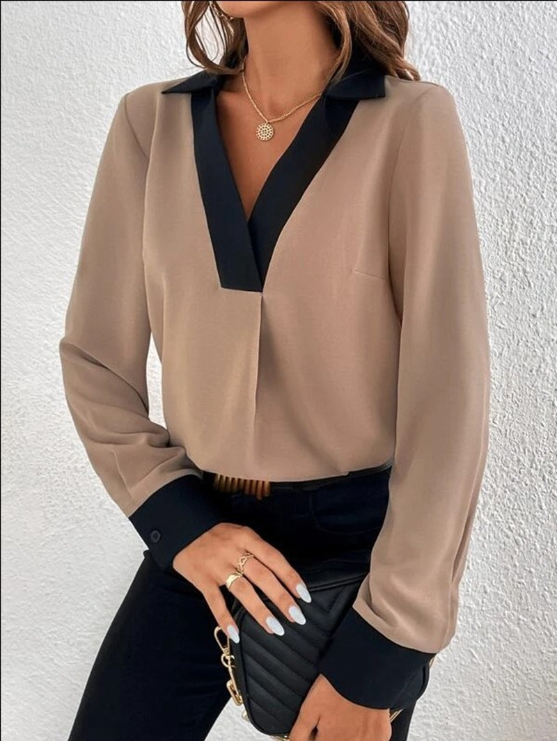 Women’s Blouse – V-Neck Contrast Trim – Long Sleeve – Soft Breathable Blend