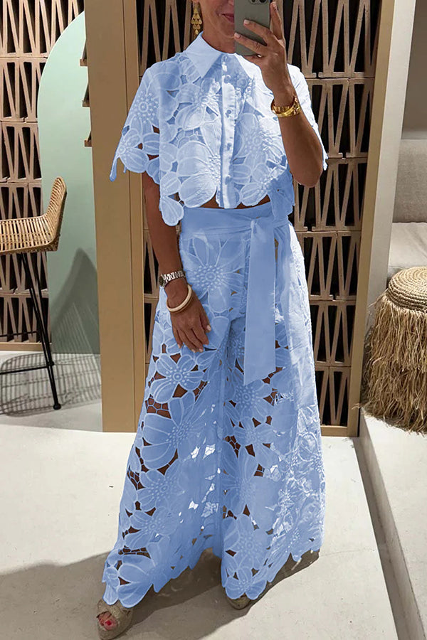 Women’s Two-Piece Set – Lace Floral Texture – Crop Top – High Waist Wide Leg Trousers