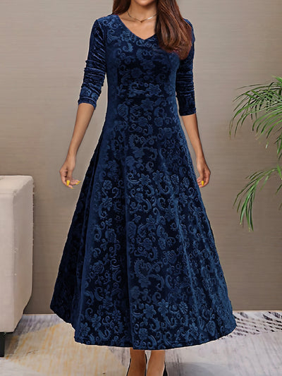 Women’s Midi Dress - Velvet A-Line - Floral Pattern - V-Neck - 3/4 Sleeve Elegant Fit