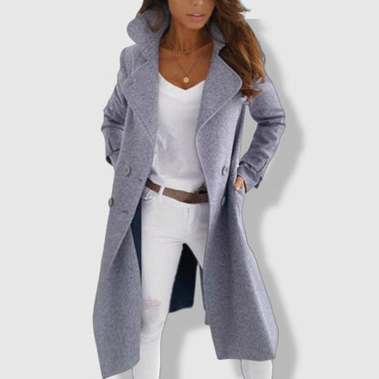 Women's Trench Coat - Wool Blend - Double-Breasted - Wide Lapel - Longline Elegant Fit