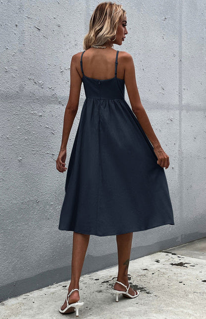 Women's Midi Dress - Sleeveless A-Line - Button-Down Fitted Bodice - Flared Casual Fit