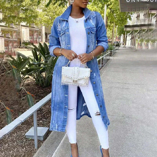 Women’s Trench Coat – Denim – Relaxed Fit – Distressed – Full Length – Button Front