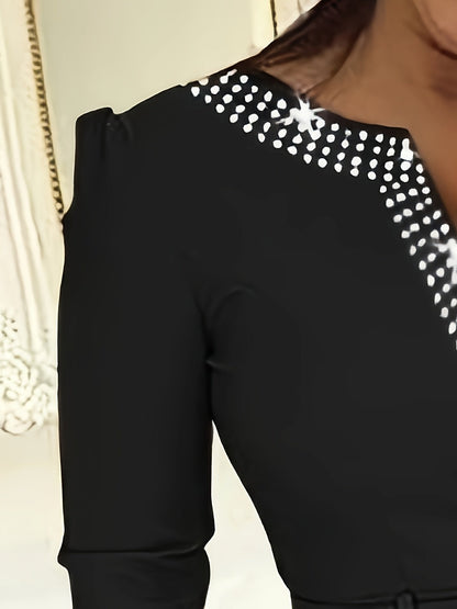 Women's A-Line Dress - V-Neck Embellished - 3/4 Sleeve Midi - Belted Waist