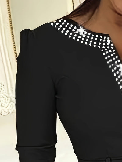 Women's A-Line Dress - V-Neck Embellished - 3/4 Sleeve Midi - Belted Waist