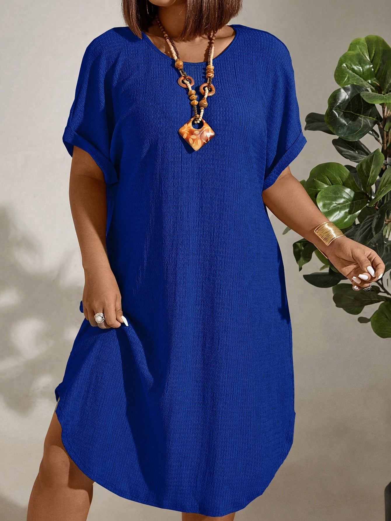 Women's Casual Dress - Loose Fit - Round Neck - Short Sleeve - Lightweight Fabric