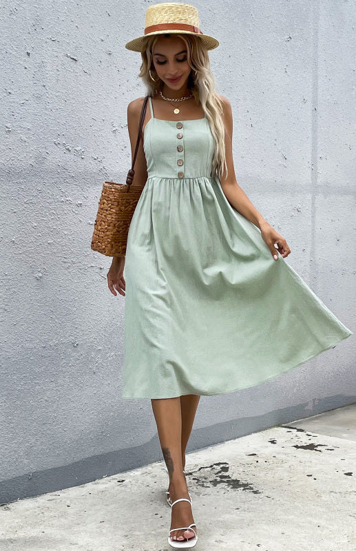 Women's Midi Dress - Sleeveless A-Line - Button-Down Fitted Bodice - Flared Casual Fit