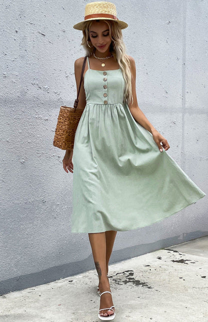 Women's Midi Dress - Sleeveless A-Line - Button-Down Fitted Bodice - Flared Casual Fit