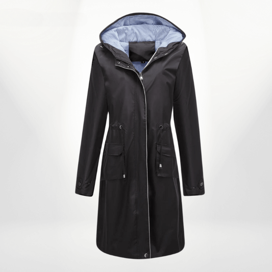 Women’s Trench Coat – Waterproof Over-Knee – Hooded – Adjustable Waist – Flap Pockets