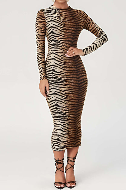 Women's Bodycon Midi Dress - Long Sleeve - High Neck - Animal Print Stylish Fit
