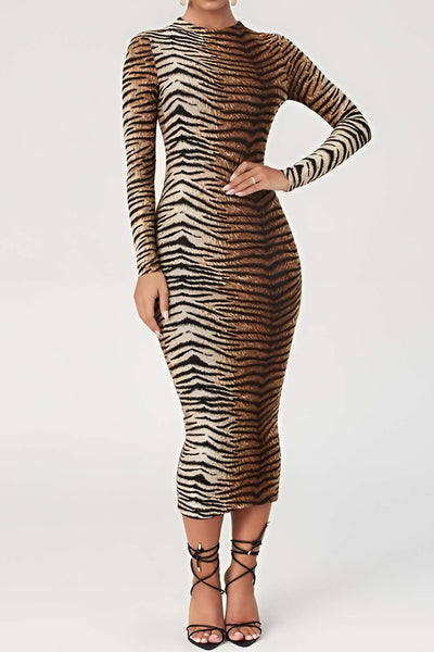 Women's Bodycon Midi Dress - Long Sleeve - High Neck - Animal Print Stylish Fit