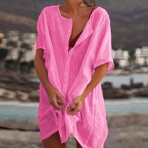 Women’s Tunic Top – Relaxed Fit – Short Sleeve – Natural Fibers – Modest Coverage