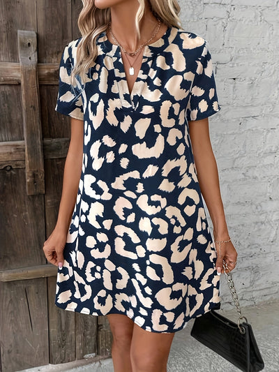 Elegant Leopard Print V-Neck Dress for Women with Short Sleeves