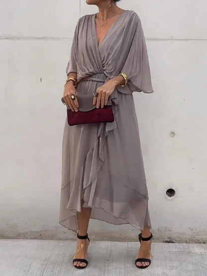 Women's Maxi Dress - V-Neck - Batwing Sleeves - Cinched Waist Tie - High-Low Hem