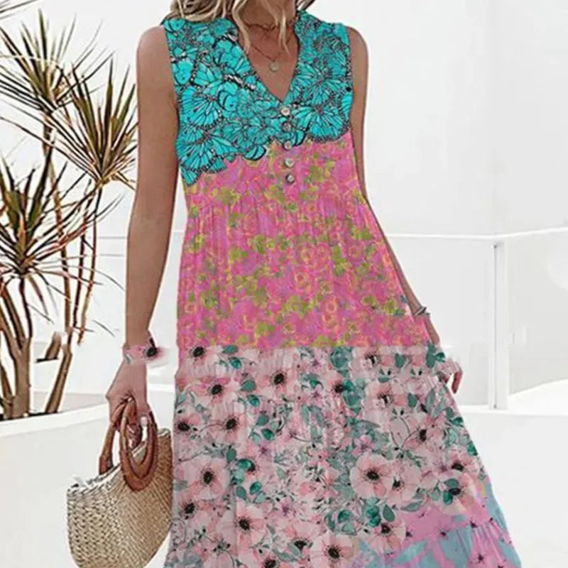 Women's Maxi Dress - Sleeveless V-Neck - Bohemian Floral Print - Tiered Flowy Fit