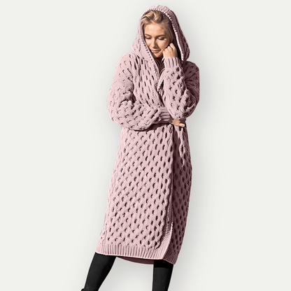 Women’s Hooded Jacket – Wool Knit – Relaxed Fit – Longline – Cable Pattern – Open Front