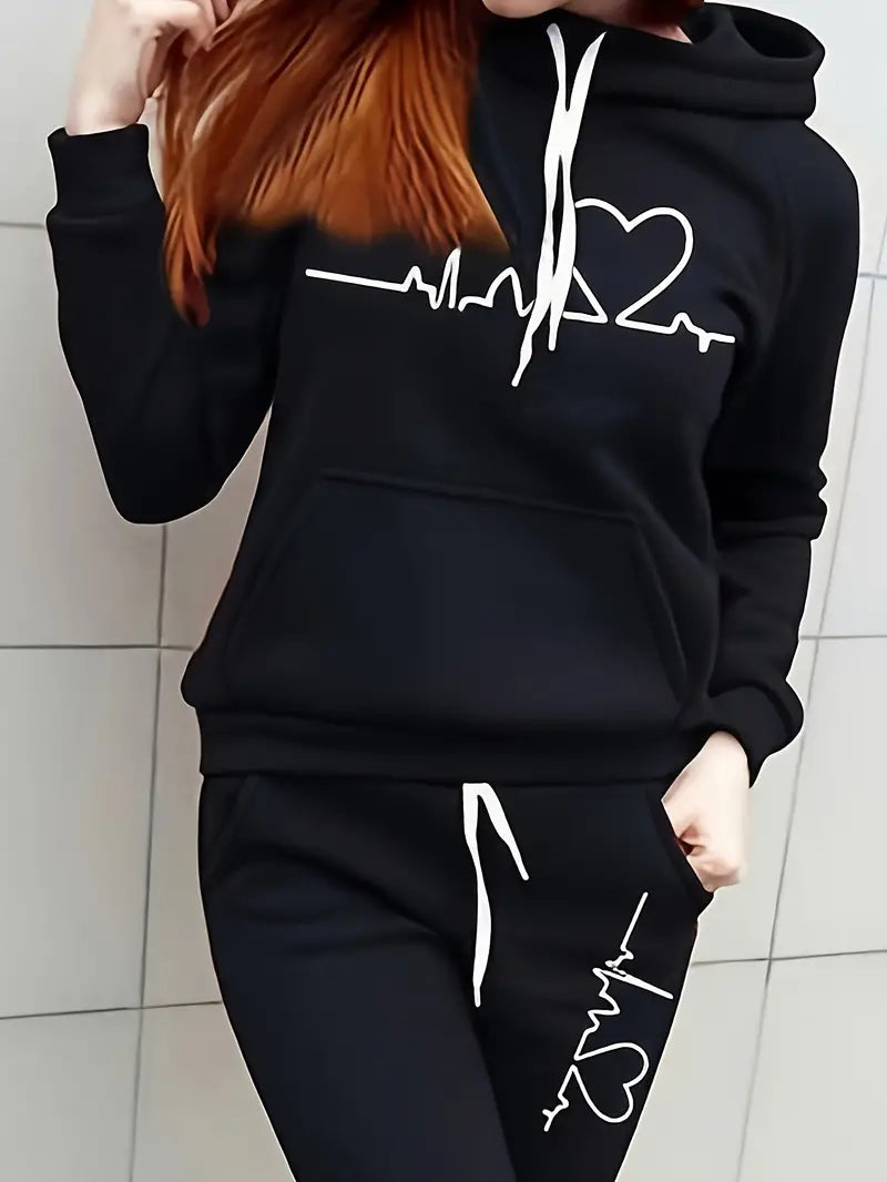 Women's Hoodie & Joggers Set - Heartbeat Graphic - Relaxed Fit - Drawstring Hood & Waist