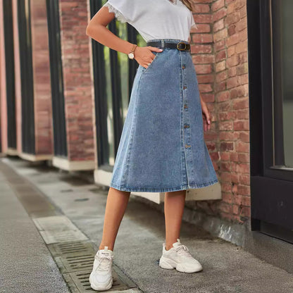 Women's Midi Denim Skirt - High Waist A-Line - Button Front Casual Chic