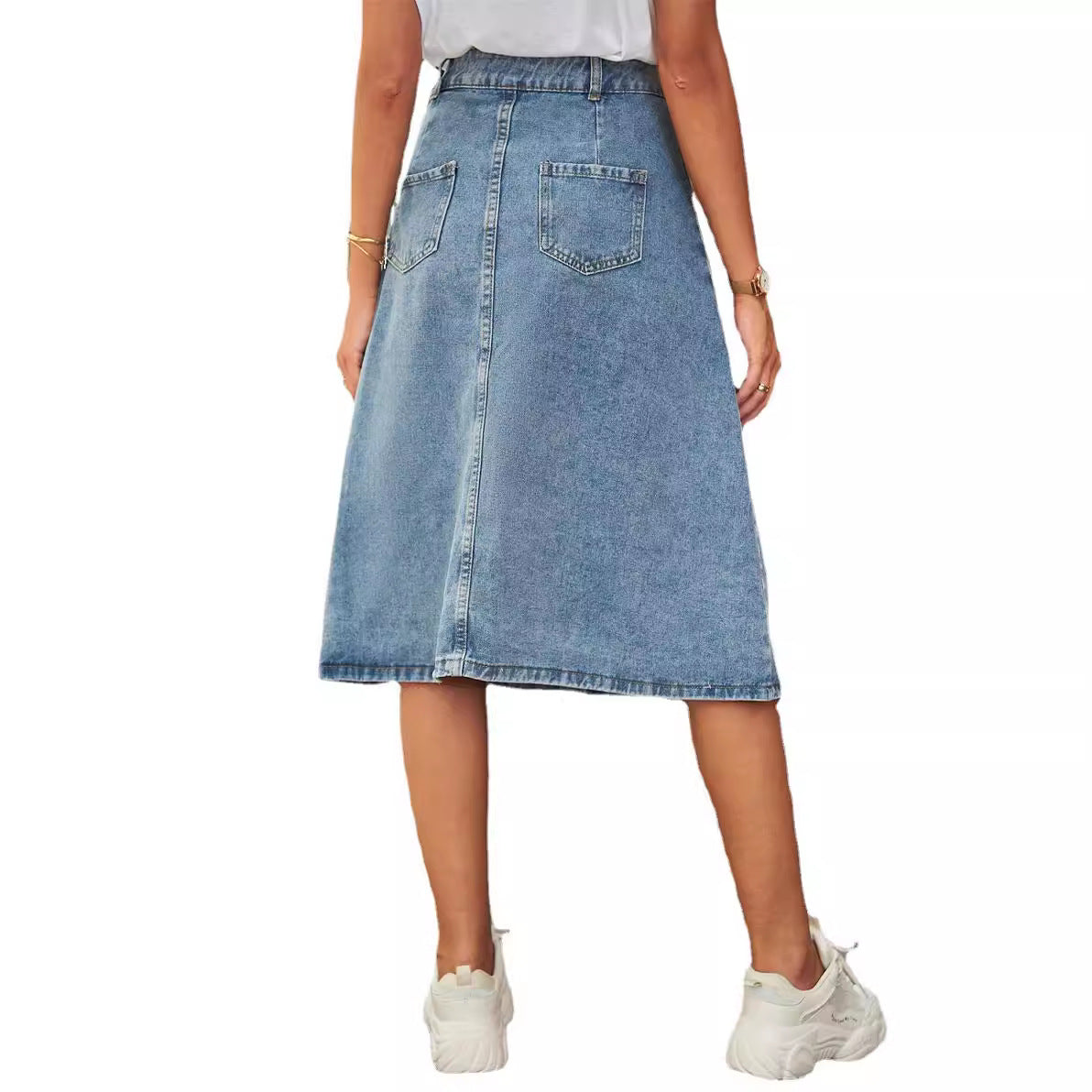 Women's Midi Denim Skirt - High Waist A-Line - Button Front Casual Chic